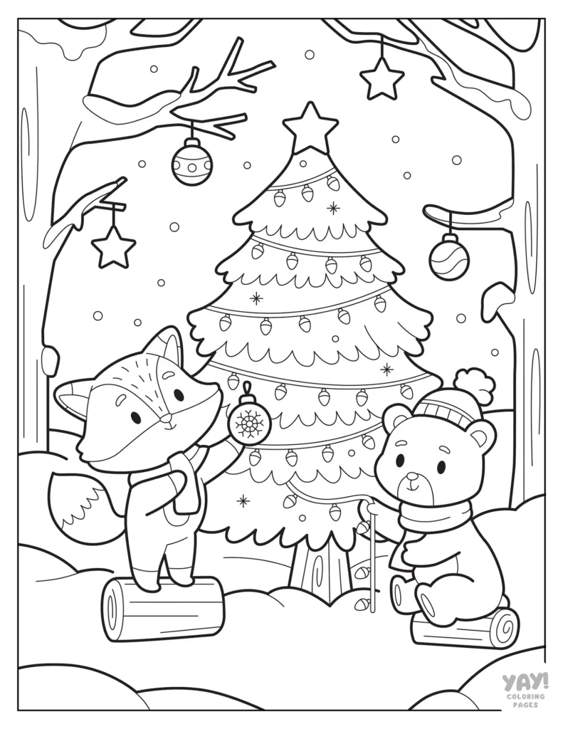 Woodland animals decorating a Christmas tree in the woods coloring page