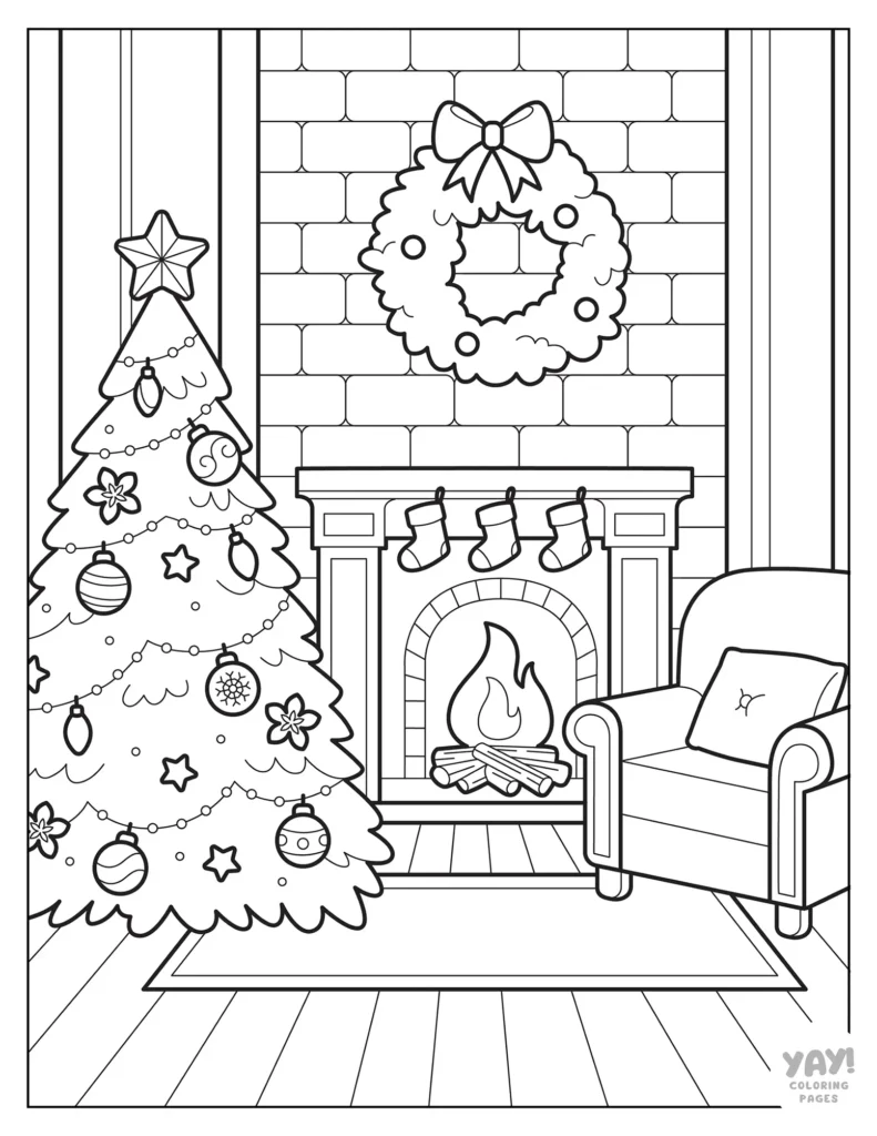 Cozy living room with fireplace and Christmas tree coloring page for kids and adults