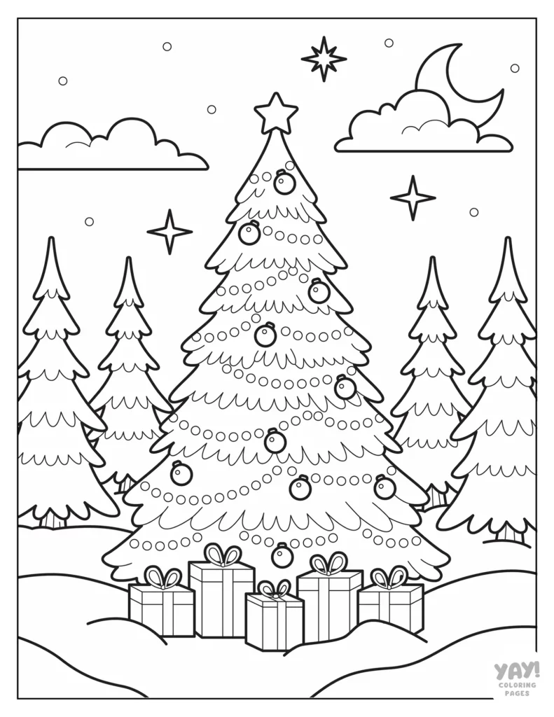 Coloring page of Christmas tree in the middle of a snowy forest