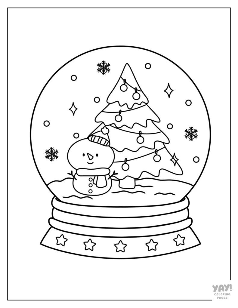 Coloring page of a Christmas tree in a snow glob with a snowman next to the tree