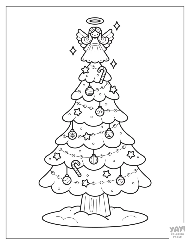 Coloring page of beautifully decorated Christmas tree with ornaments and topped with an angel