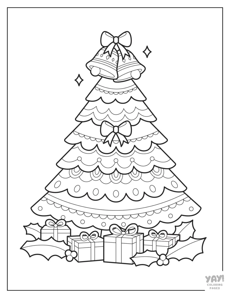 Decorative Christmas tree topped with bells coloring page
