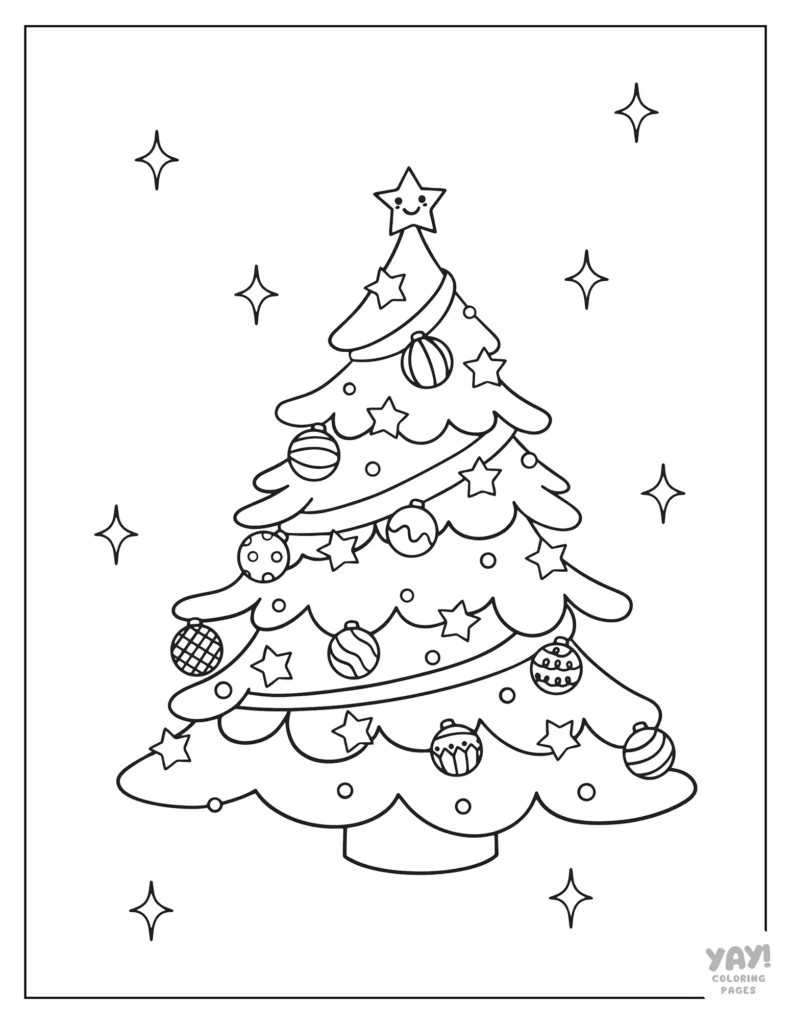 Sparkly Christmas tree with ornaments and stars coloring page