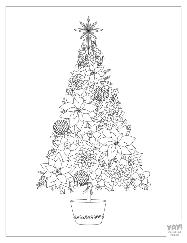 Detailed coloring page of Christmas tree made out of holida flowers, berries, and leaves. Tree is in pot and topped with a Christmas star.