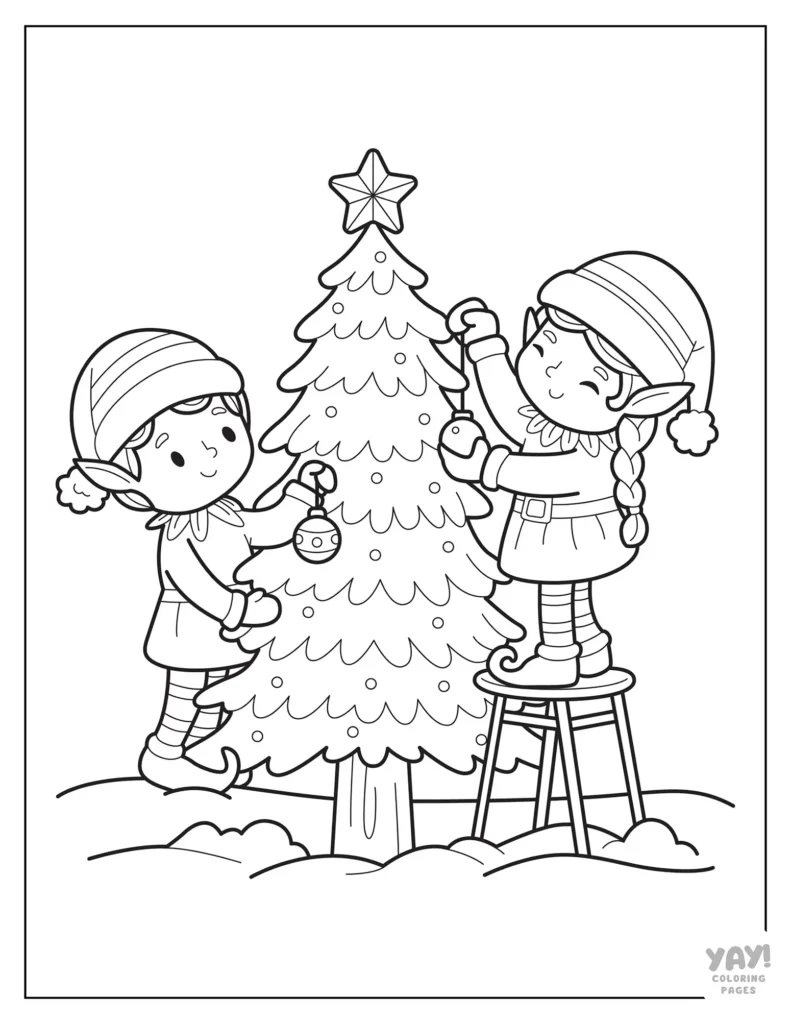 Elves decorating Christmas tree coloring page for kids
