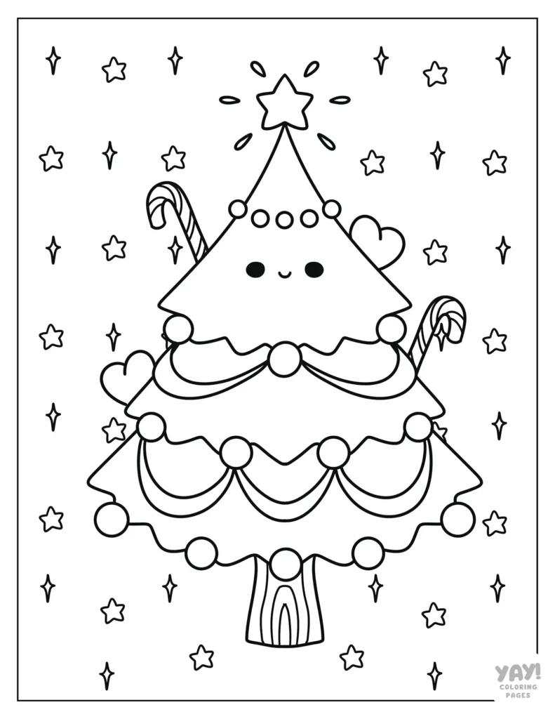 Kawaii Christmas tree coloring page