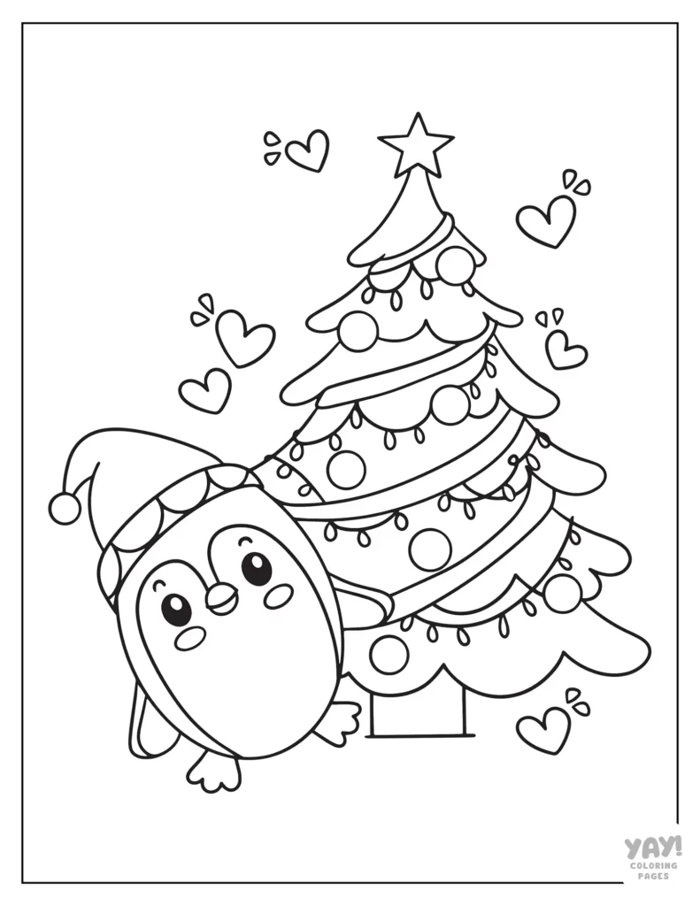 Penguin next to Christmas tree coloring page