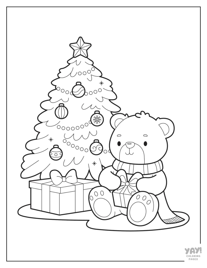 Christmas tree and teddy bear coloring page for kids