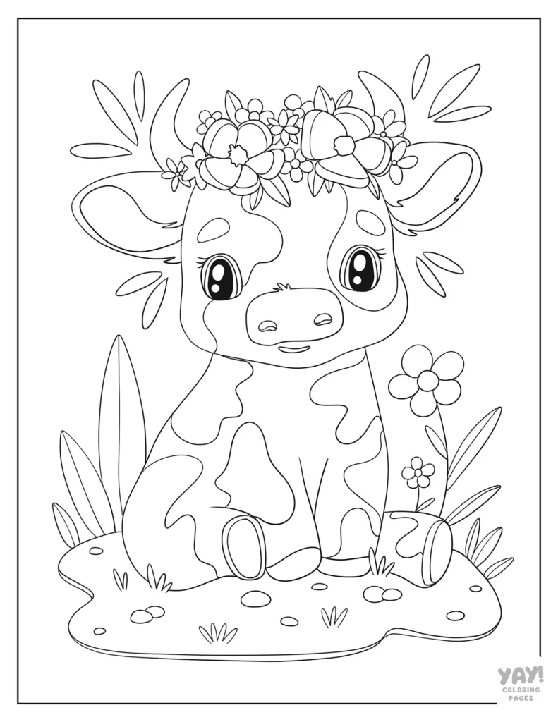 Cute cow with flower crown free coloring page