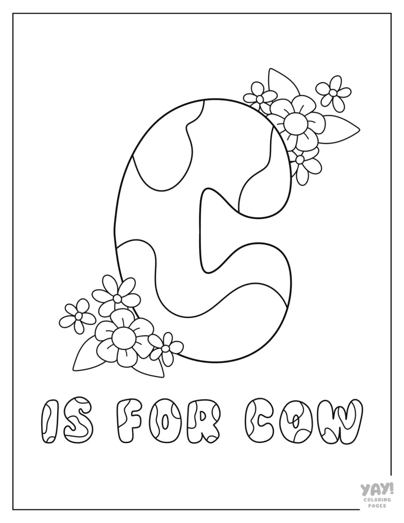 C is for Cow coloring page with flowers