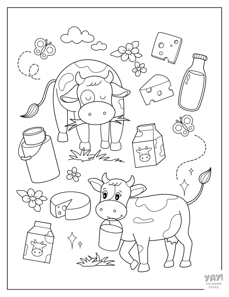 Cow doodle page to color with milk, cheese, and flowers