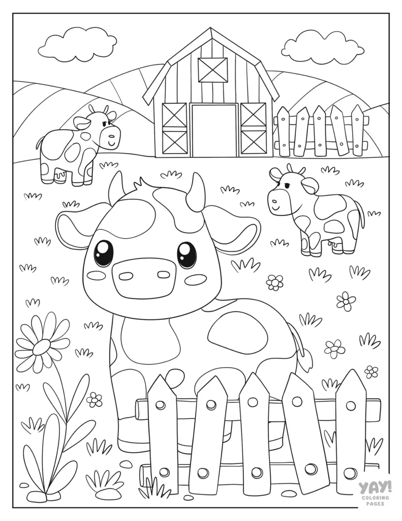 Cute cows on the farm coloring page for kids