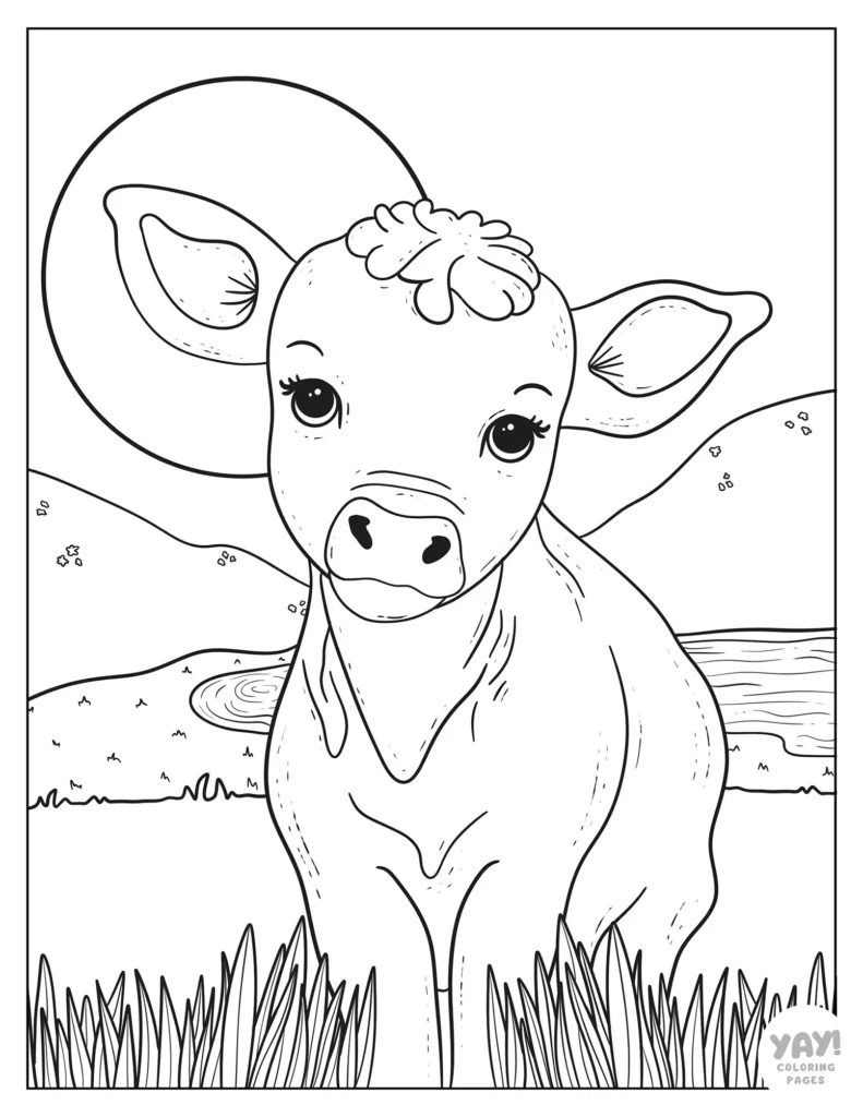 Realistic baby cow coloring page