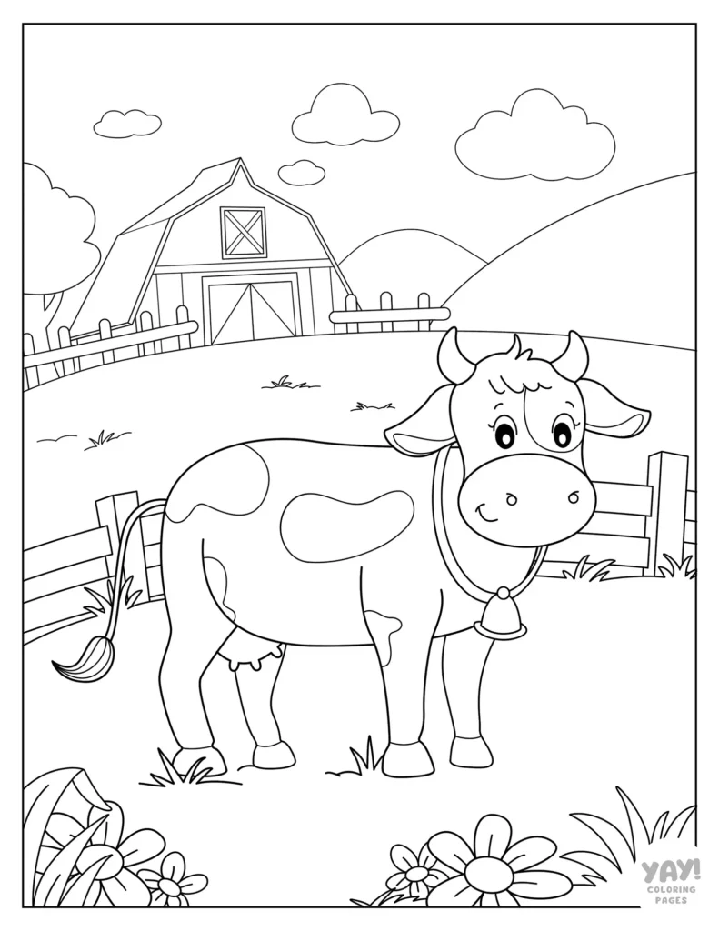Happy cow on farm coloring page