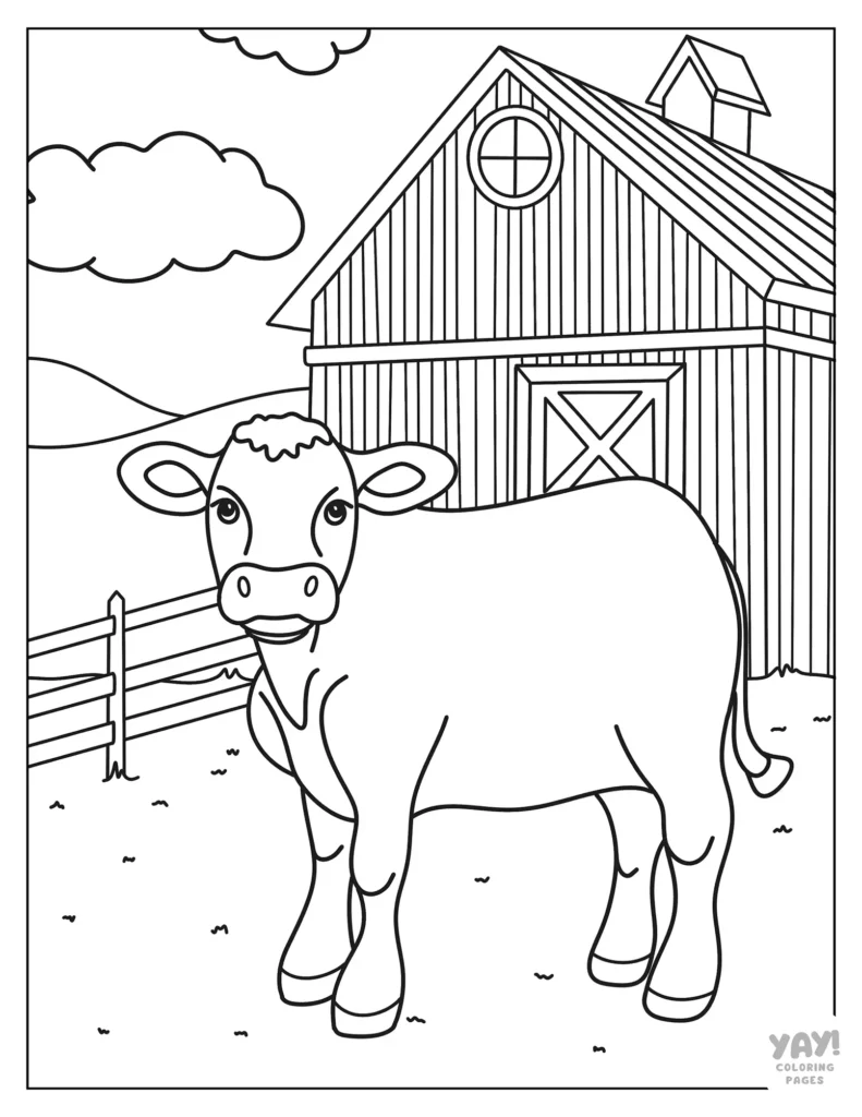 Easy to color cow and barn coloring page