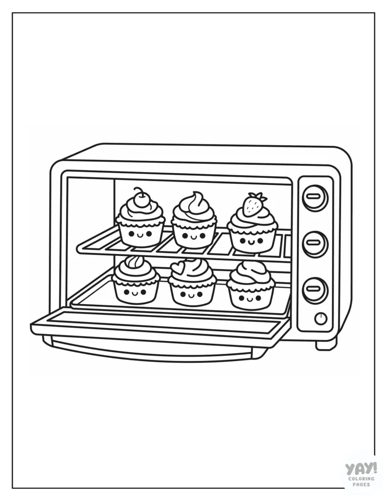 Adorable cupcakes in the oven coloring page