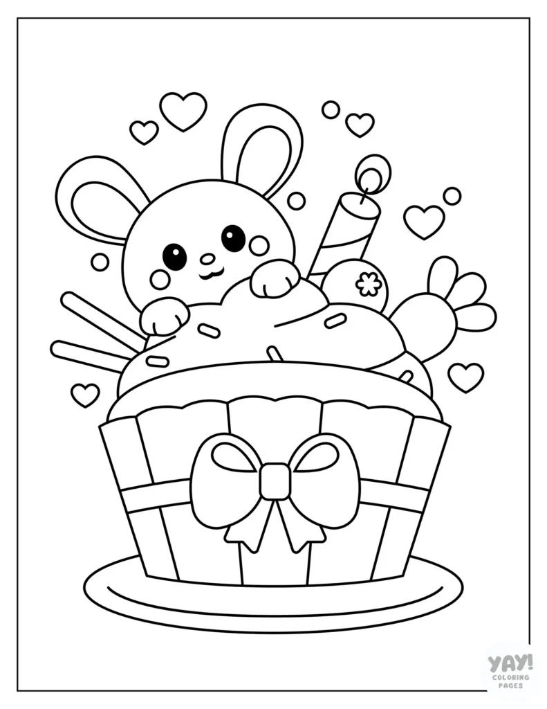 Coloring page of a cute bunny peeking over a giant cupcake