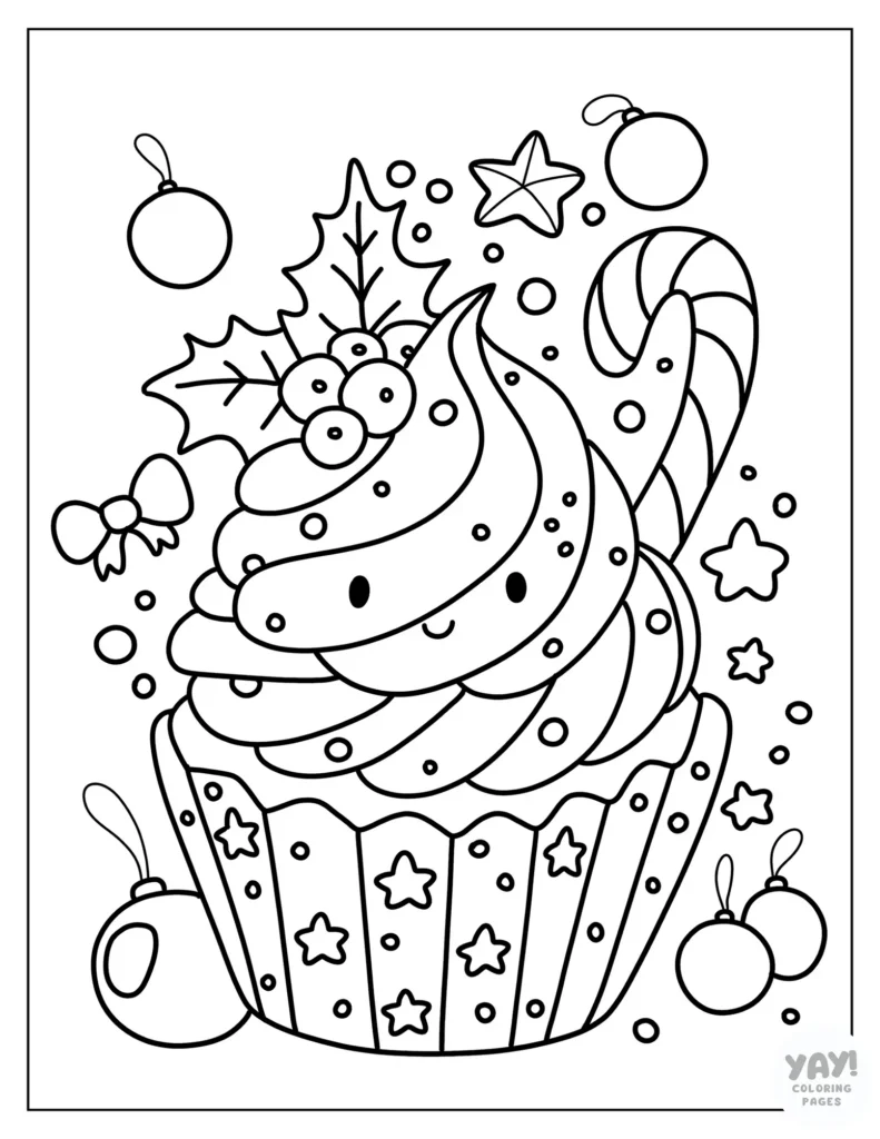 Christmas themed cupcake coloring page with candy cane and holly berries
