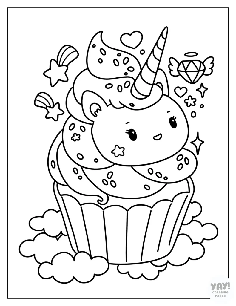 Cute unicorn coloring page for kids with shooting stars and diamonds