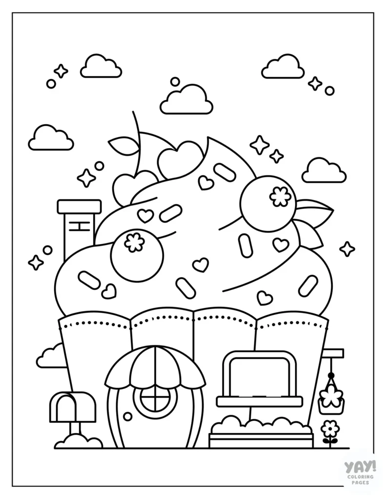 Cute cupcake house coloring page