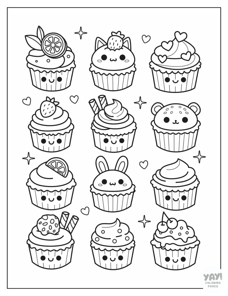 Coloring page of assortment of kawaii cupcakes in animal and fruit designs