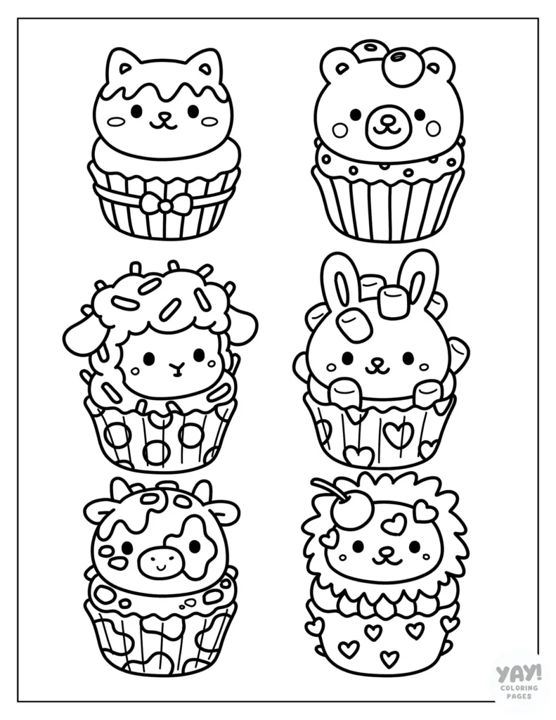 Kawaii animal cupcake coloring page