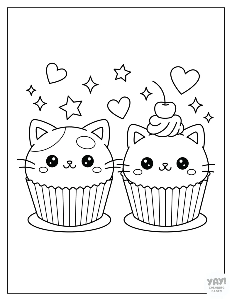Pair of kawaii cat cupcakes coloring page for kids