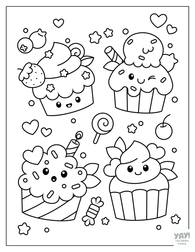 Fun collage of kawaii cupcakes coloring page
