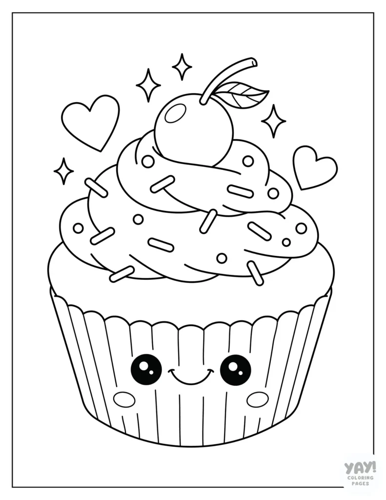 Kawaii cupcake coloring page with smiling face, sprinkles, and cherry on top