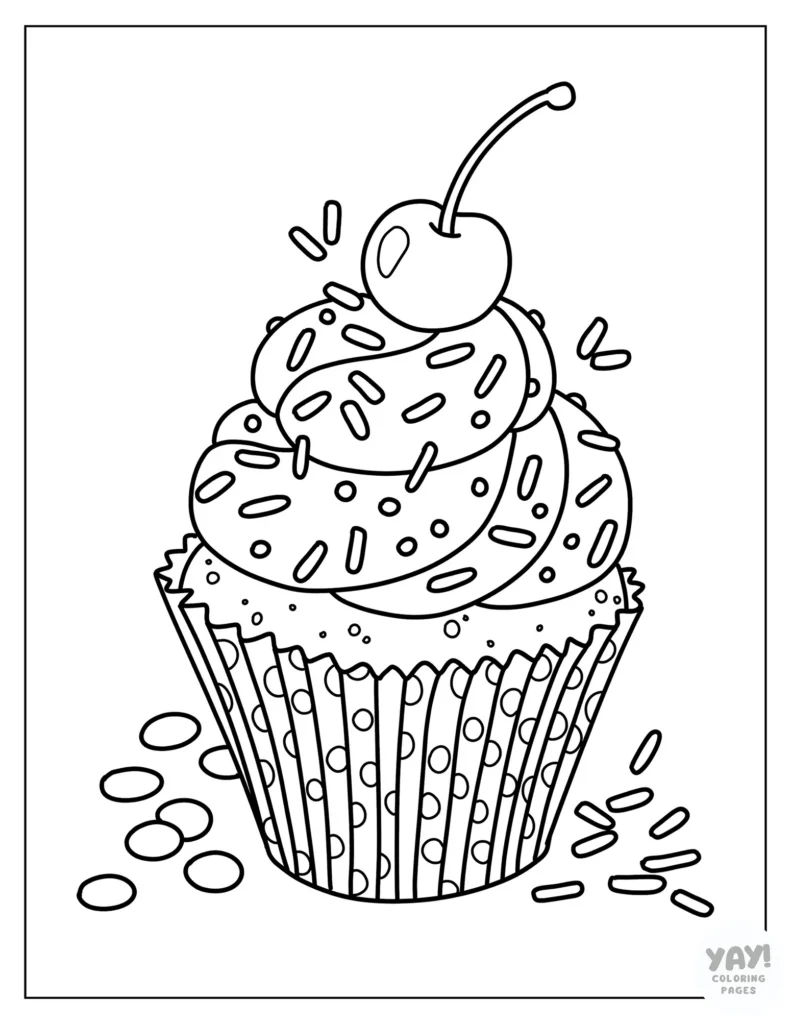 Sprinkle and cherry-topped cupcake coloring page