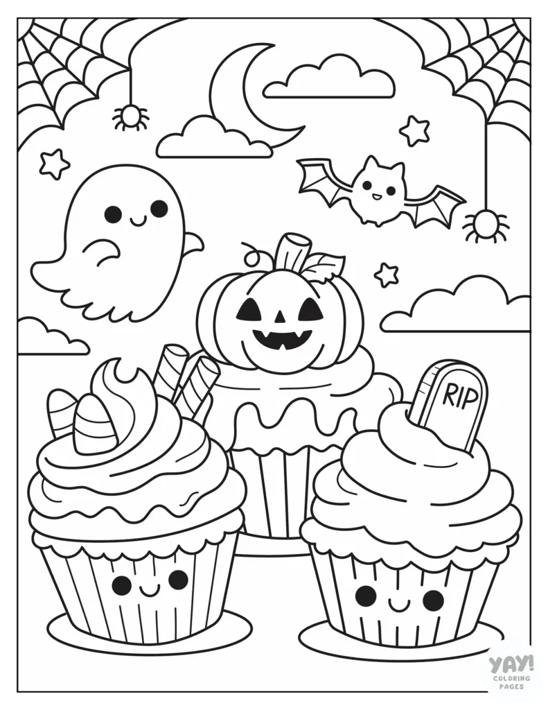 Spooky Halloween cupcake coloring page with ghost, pumpkin, and candy corn