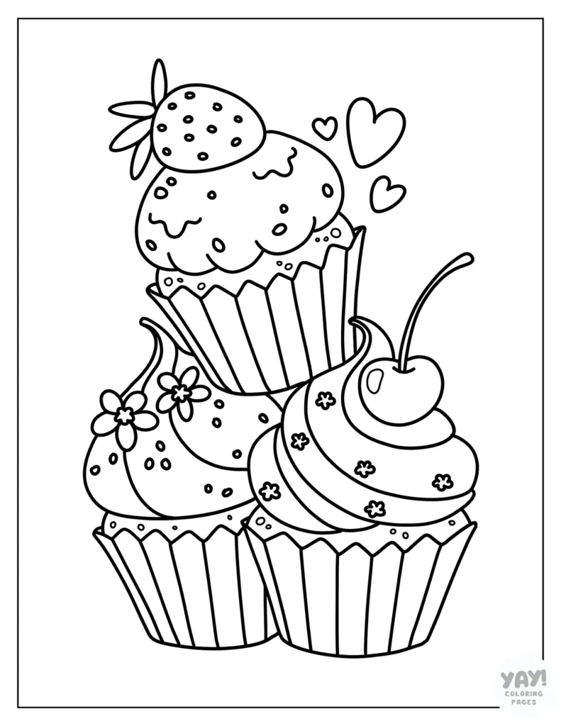 Three cupcakes stacked up coloring page