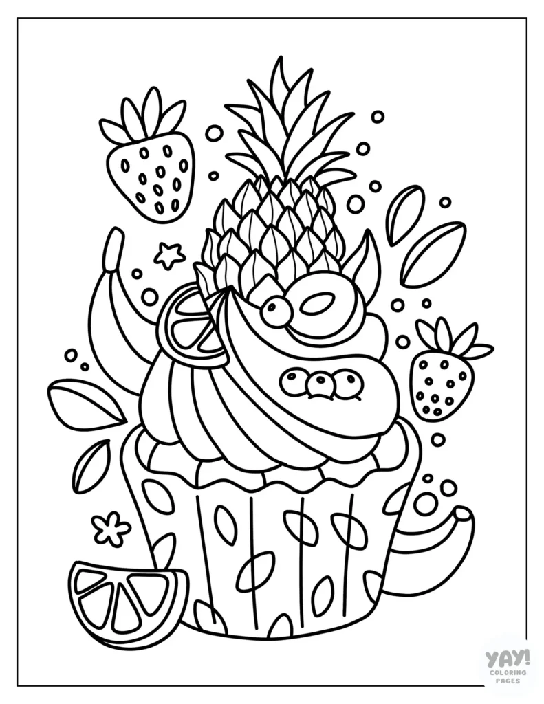Tropical fruit cupcake coloring page