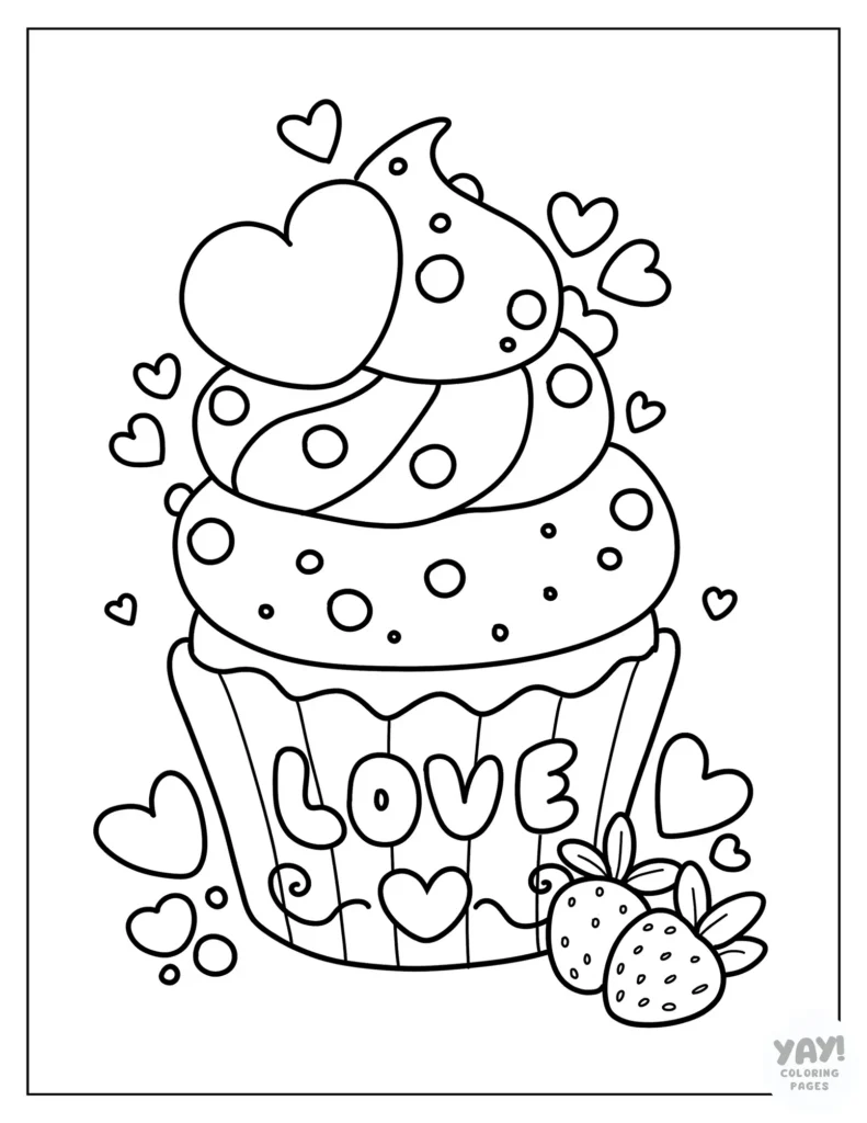 Valentine themed cupcake coloring page