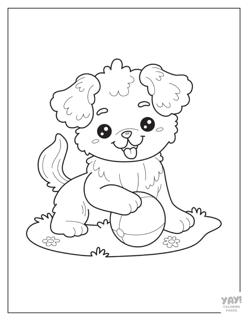 Cute fluffy dog playing with ball coloring page