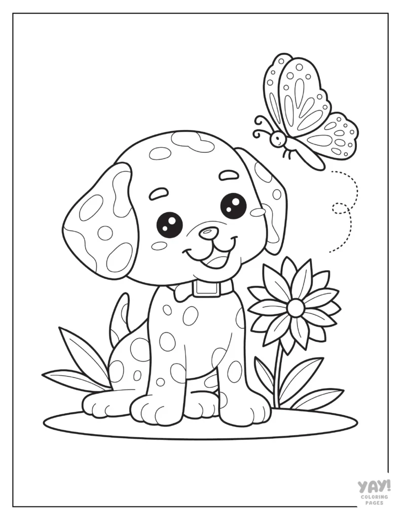 Dalmatian puppy and butterfly coloring sheet for kids