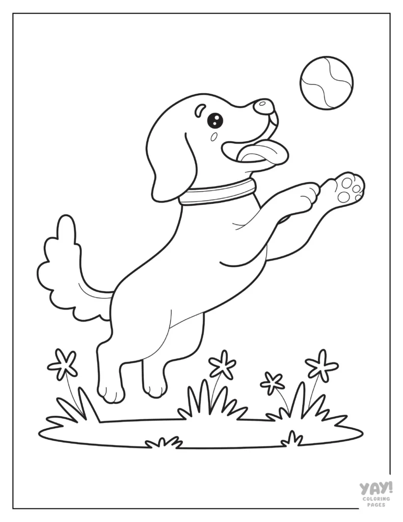 Dog playing fetch coloring page