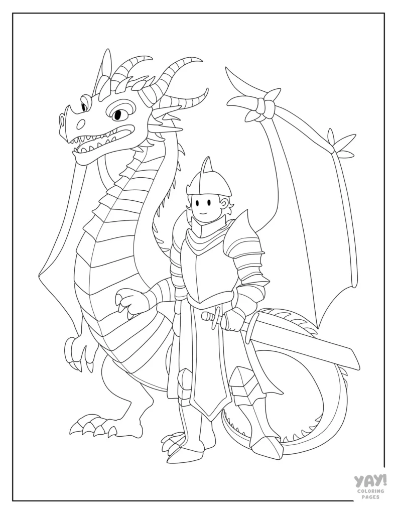 Knight in armor and dragon coloring page
