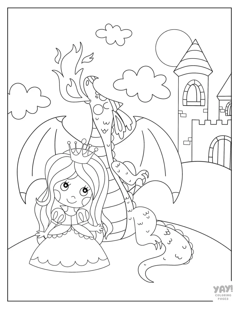 Cute princess and dragon coloring page