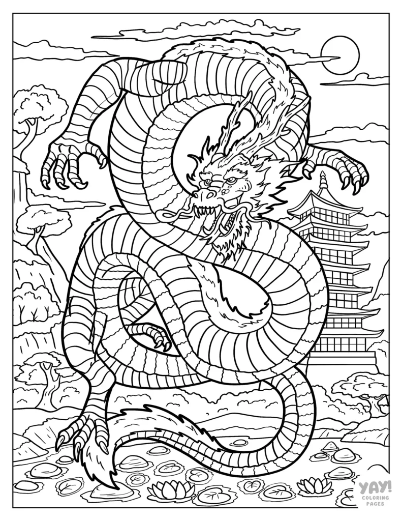 Chinese dragon coloring page for adults