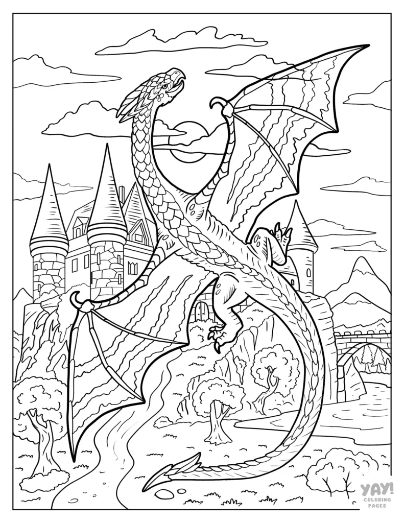 Realistic medieval dragon coloring page with castle