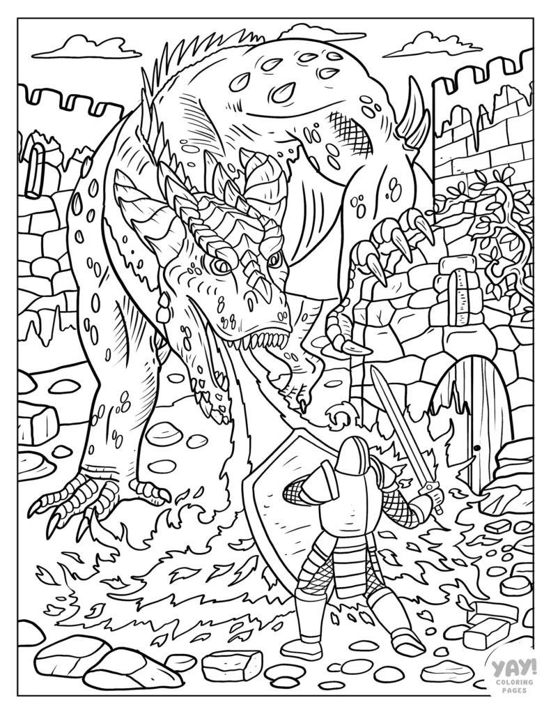 Detailed fire breathing dragon coloring page for adults