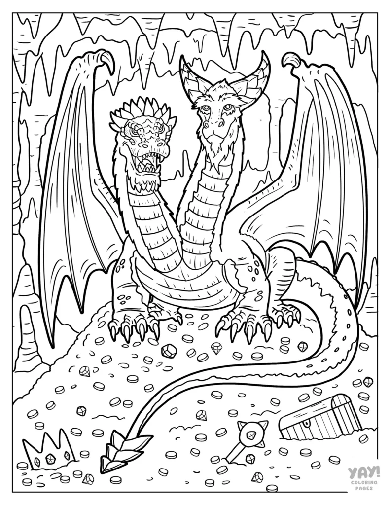 Realistic two headed dragon coloring page