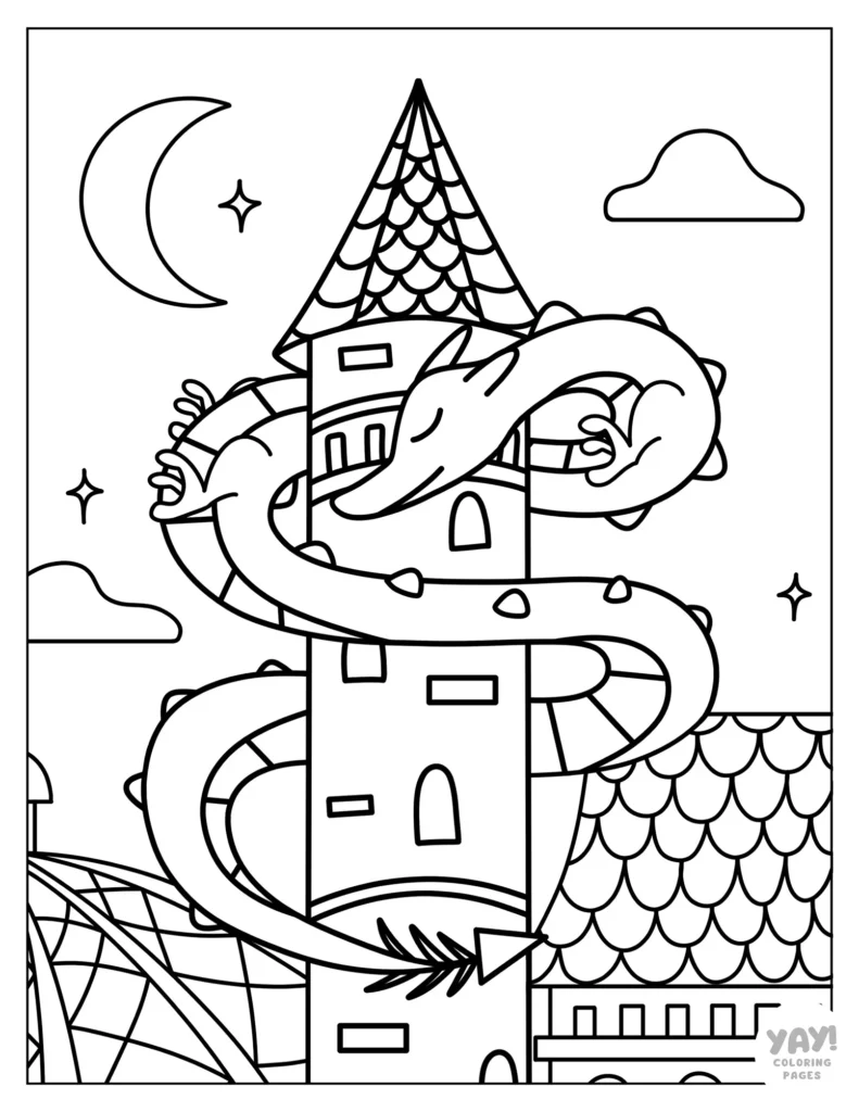 Cute dragon sleeping around tower coloring page
