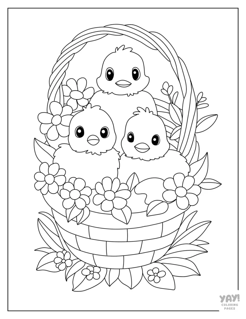 Baby chicks in wicker basket with flowers coloring page
