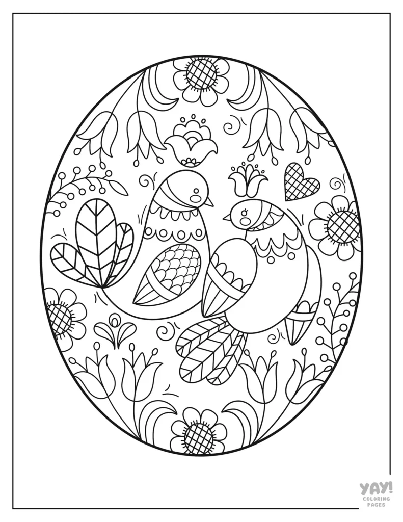 Folkart Easter egg coloring page with birds
