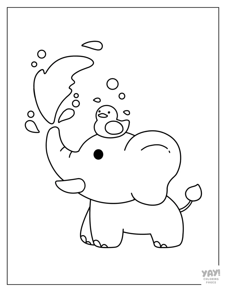 Elephant spraying water onto rubber duck coloring page
