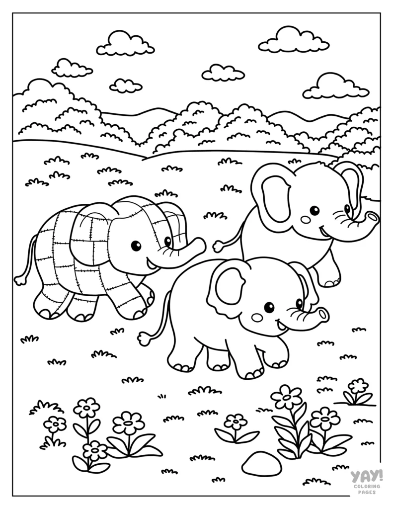 Patchwork elephant in herd coloring page