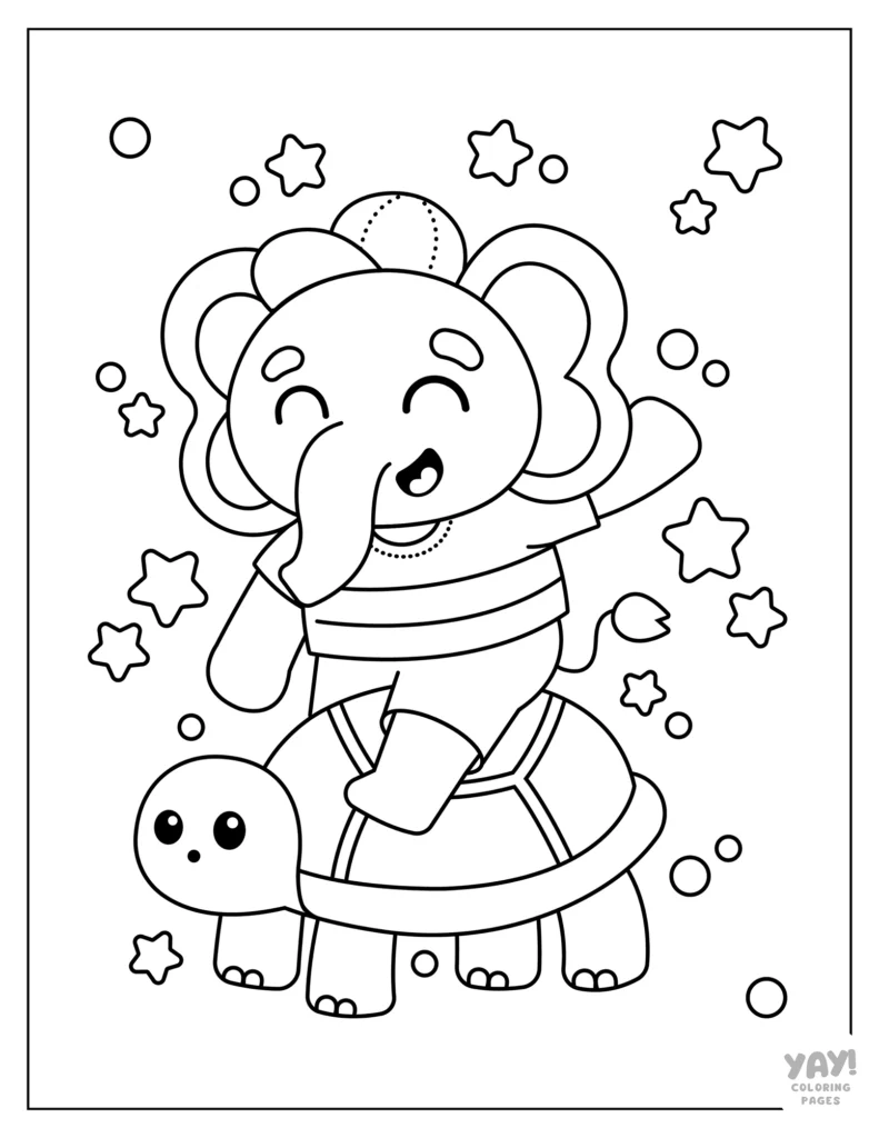 Elephant riding on a turtle coloring page