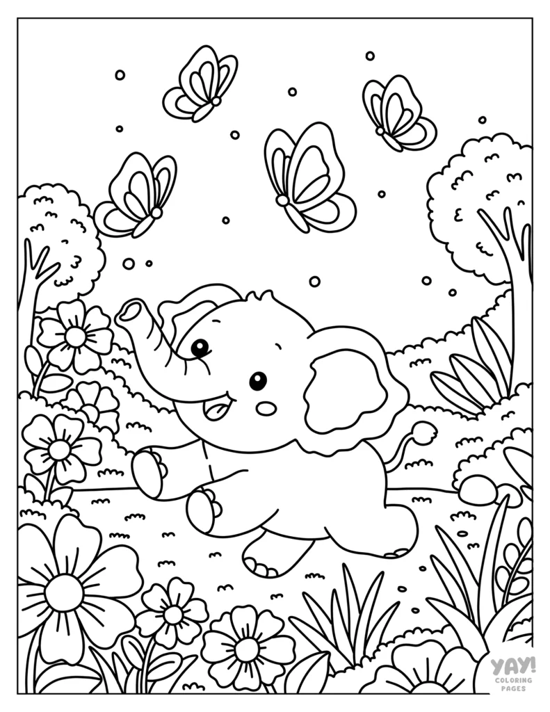 Elephant chasing butterflies coloring page